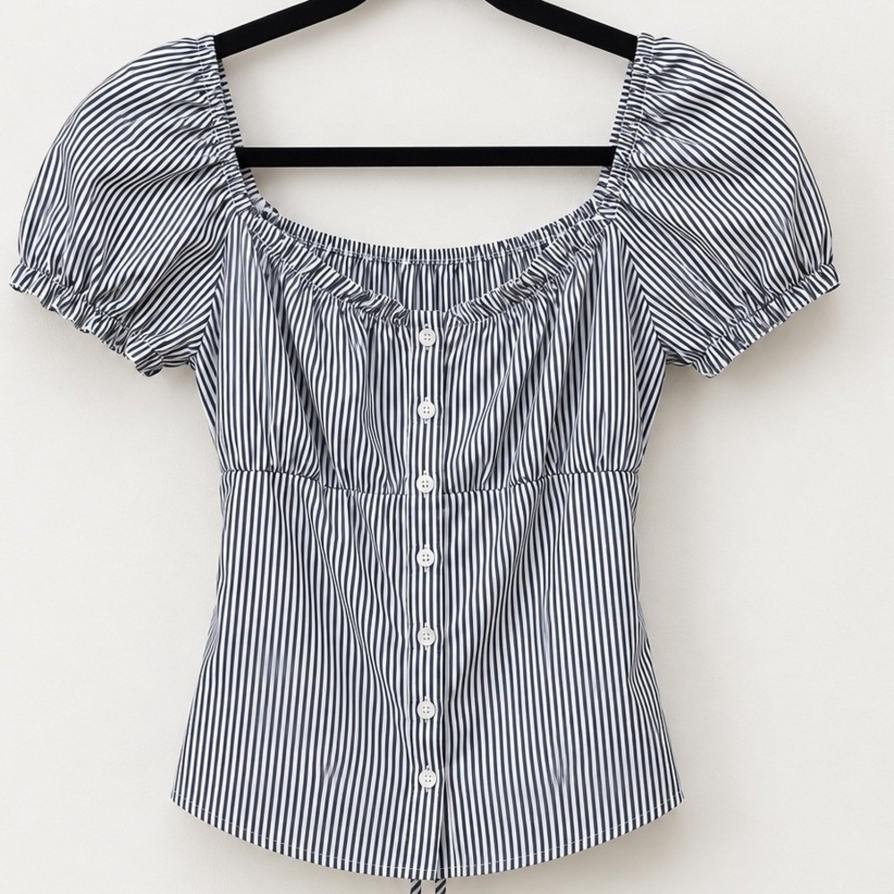 NWT LA Express Womens Small Blue White Striped Puff Sleeve Button Tie Back Top